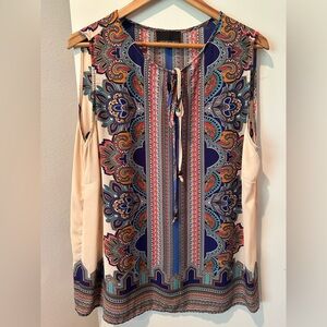 Cynthia Rowley Sleeveless Boho Tunic Top Paisley Mandala Print Tie Front XXL